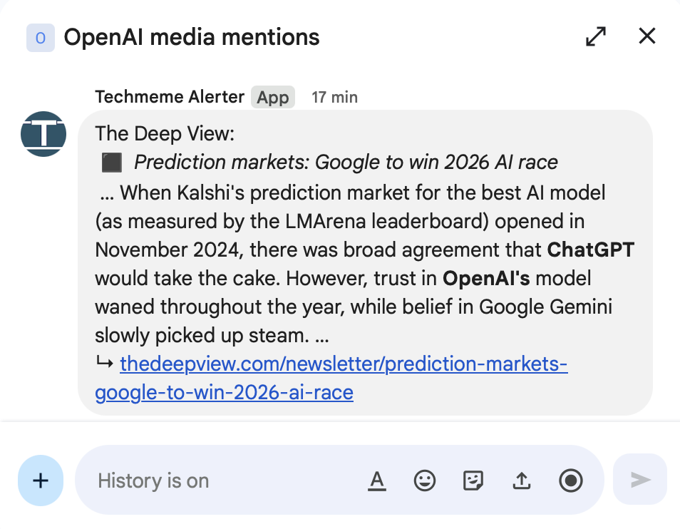 Screenshot of Techmeme Alerter in action within Google Chat™